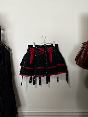 Hot Topic Black Mini Skirt with Red Lace-Up Accents